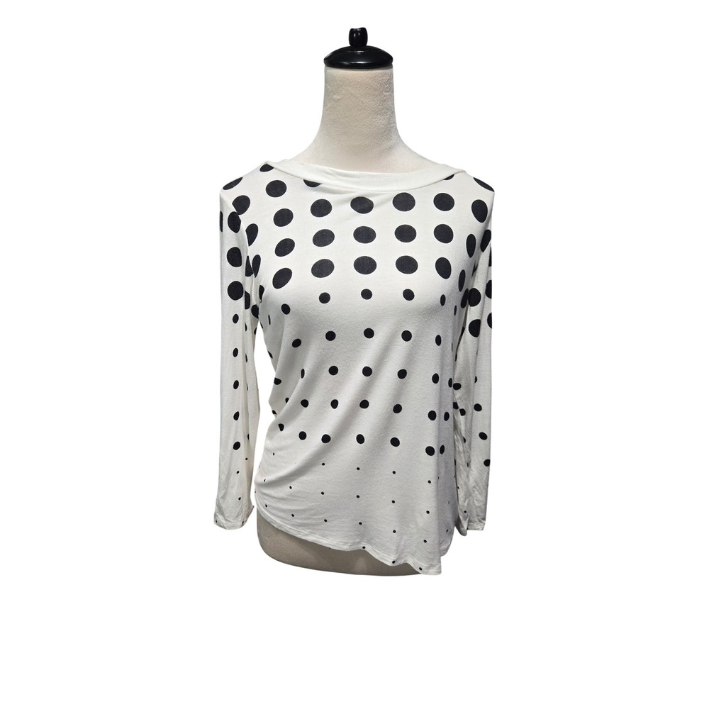 Kenar Polka Dot Top Womens Large White Black Long Sleeve Stretch Rayon
